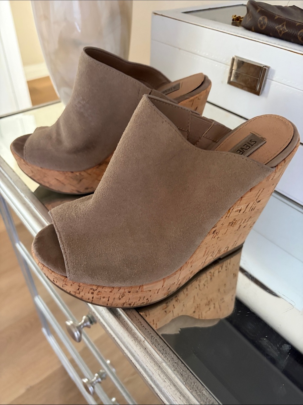 Steve Madden Taupe Suede Cork Wedge Mules
